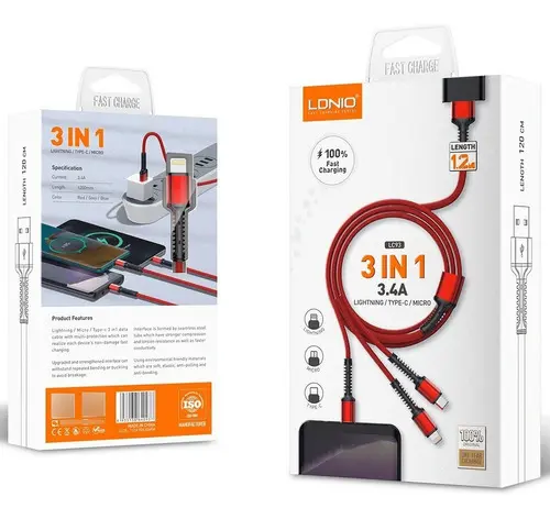 [LC93] CABLE CARGADOR LDNIO 3 EN 1U LIGHTNING TYPE C MICRO 1.2M
